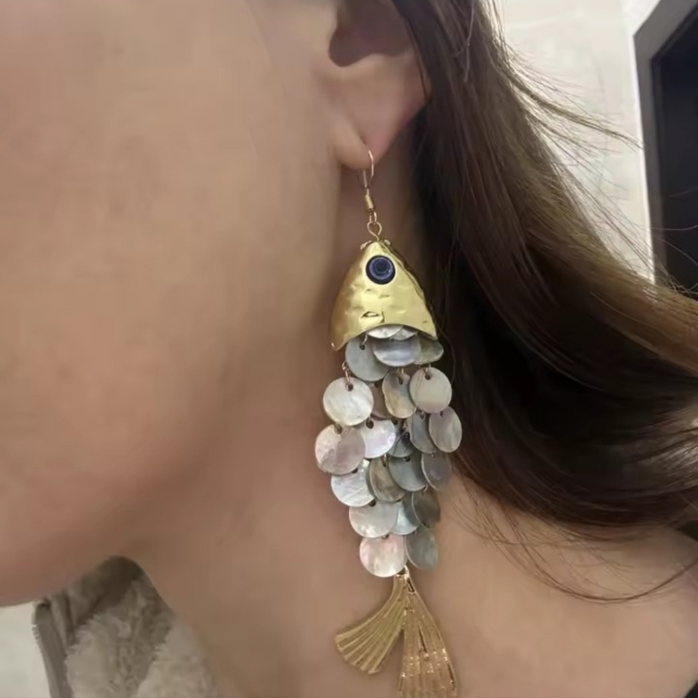 Gold & Silver Fish Statement Dangle Earrings Sequ… - image 1